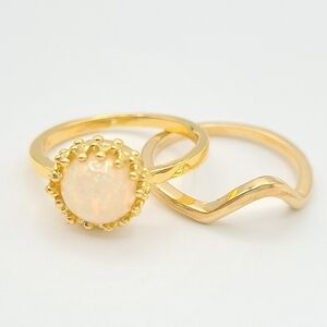 Gold Opal Ring Set | Stackable 2-Piece Ring | Crown Opal & Wave Band Size 7.5